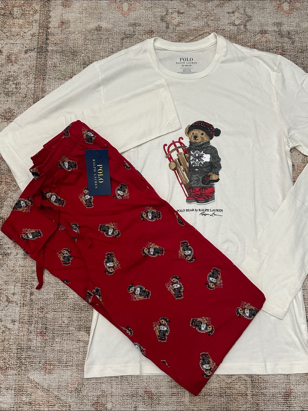 Woman’s XS Polo Bear By Ralph Lauren Christmas Sled Bear 2 Piece  Pajama Set